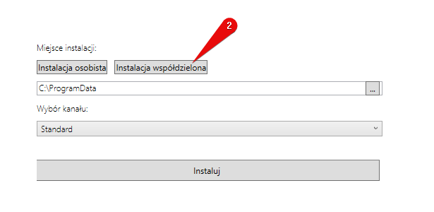 Wybór instalacji współdzielonej w kreatorze instalacji Ebit Asystent Saldeo.