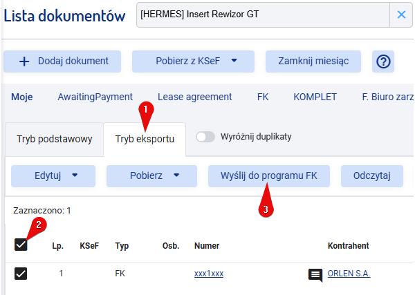 Widok importu dokumentów z SaldeoSMART do Rewizora GT. Krok 3.