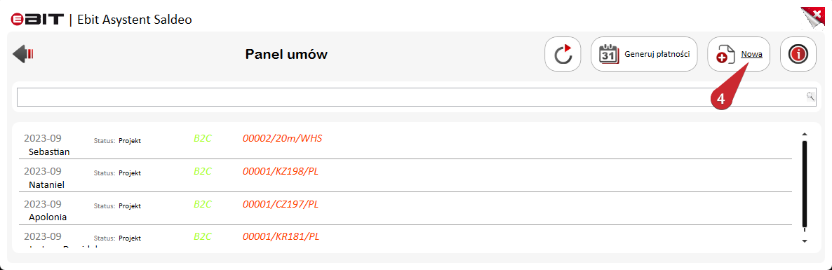 Przycisk Nowa otwierający kreator umowy.
