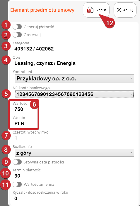Formularz komponentu umowy z polami oznaczonymi od 1 do 12.