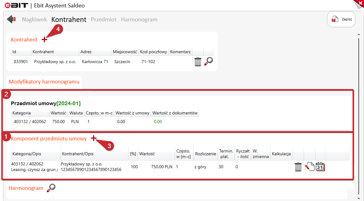 Lista komponentów i przedmiotów umowy z przyciskami dodawania kontrahenta i komponentu.