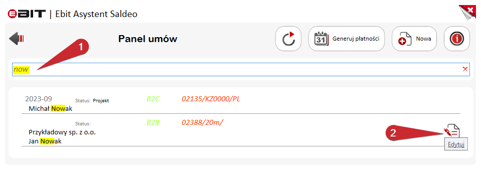 Lista umów z wyszukiwarką i przyciskiem Edytuj.