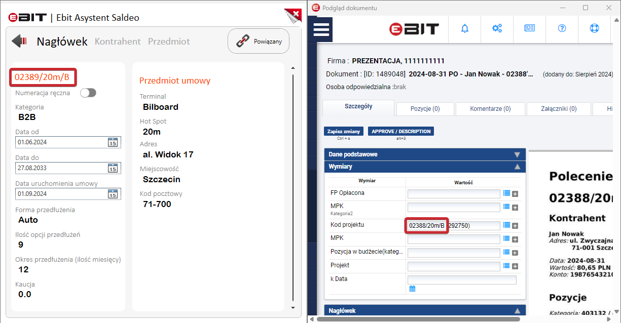 Dane dopasowanej umowy z kodem projektu i kategorią wiodącą dokumentu.