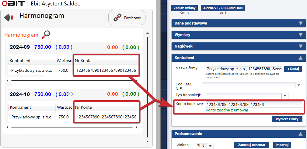 Korekta numeru konta bankowego dokumentu według umowy.
