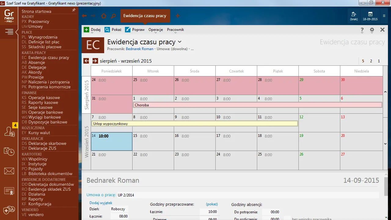 Ekran Gratyfikanta nexo PRO z ewidencją czasu pracy.