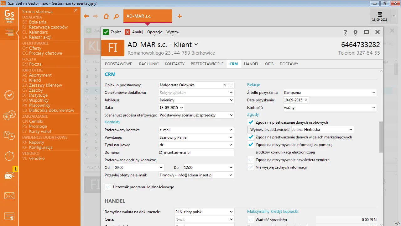 Ekran Gestora nexo PRO z formularzem klienta CRM.