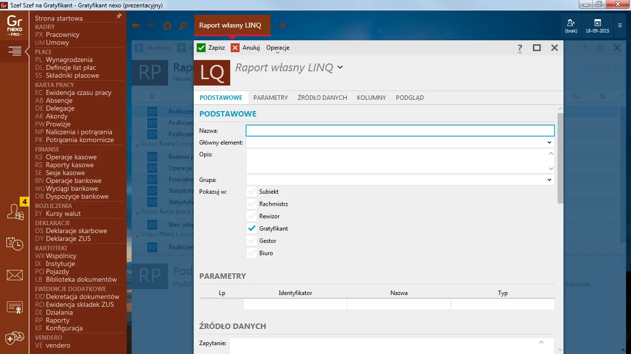 Ekran Gratyfikanta nexo PRO z definicją własnego raportu LINQ.