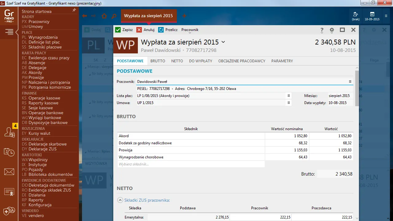 Ekran Gratyfikanta nexo PRO z rozliczeniem wypłaty.