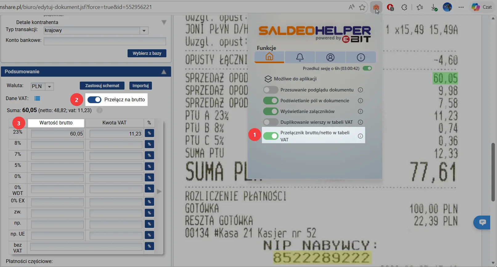 Przełącznik brutto/netto w tabeli VAT w eBIT SaldeoHELPER z widocznym trybem wartości brutto.