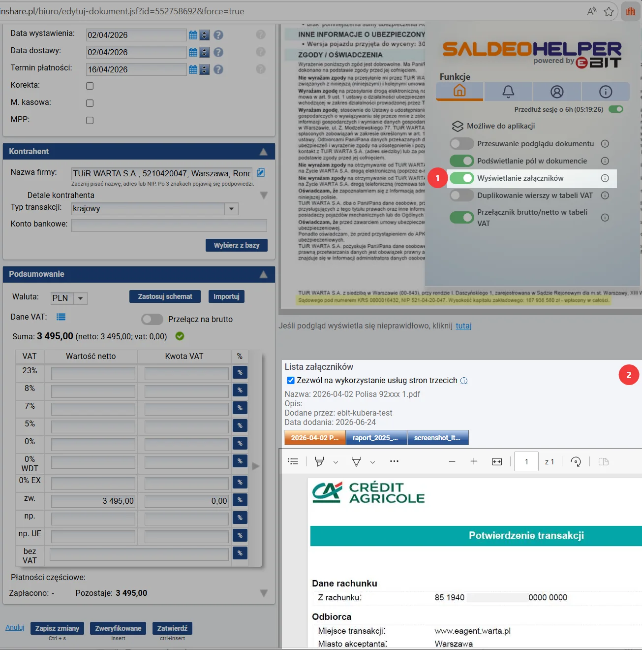 Lista załączników i podgląd załącznika pod dokumentem w eBIT SaldeoHELPER.