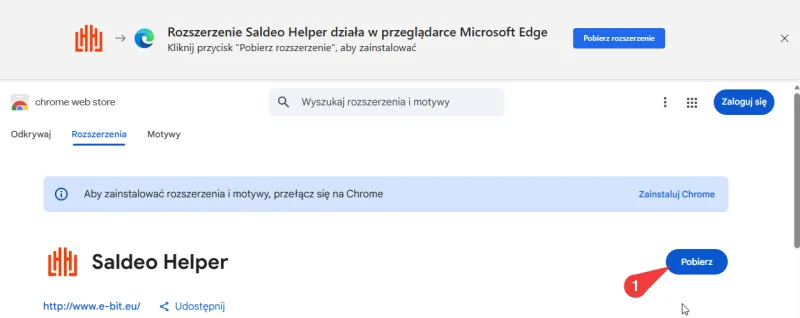 Strona rozszerzenia eBIT SaldeoHELPER w Chrome Web Store.