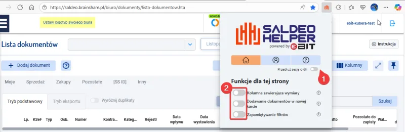 Panel eBIT SaldeoHELPER z przełącznikami funkcji dostępnych dla listy dokumentów.